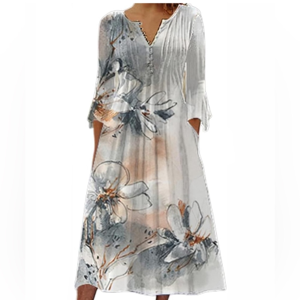 Floral Watercolor Long Sleeve Maxi Dress - White & Gray, Sz M